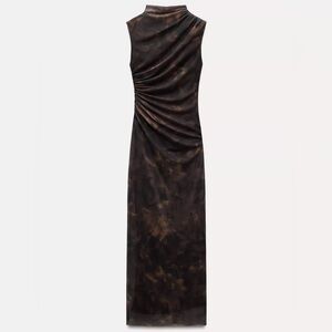 Zara Brown Printed Draped Tulle Midi Dress
